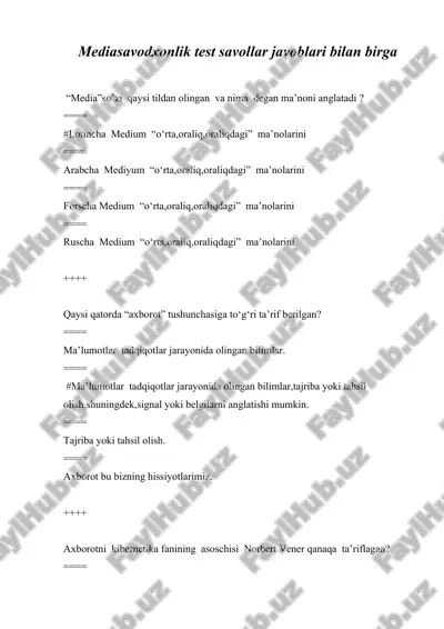 mediasavodxonlik test savollar javoblari bilan birga — DOCX