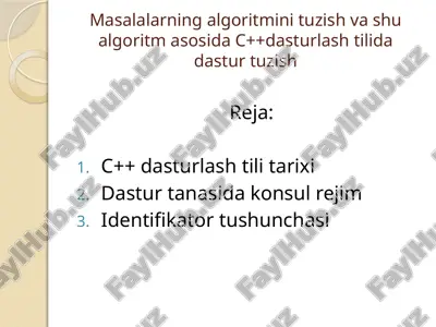 "masalalarning algoritmini tuzish va shu algoritm asosida c++ dasturlash tilida dastur tuzish" — ZIP