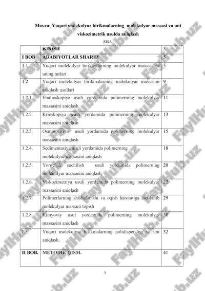 yuqori molekulyar birikmalarning molekulyar massasi va uni viskozimetrik usulda aniqlash — ZIP
