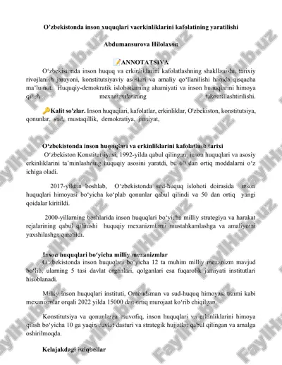 o'zbekistonda inson huquqlari va erkinliklarini kafolatining yaratilishi — DOCX