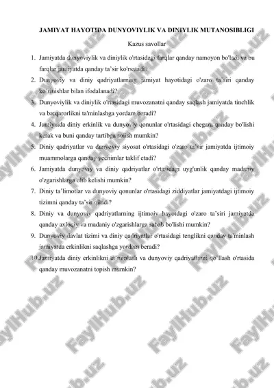 jamiyat hayotida dunyoviylik va diniylik mutanosibligi — DOCX