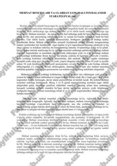 mehnat resurslari va ulardan samarali foydalanish starategiyalari — DOCX