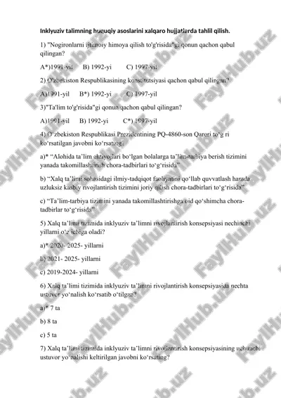 inklyuziv talimning huquqiy asoslarini xalqaro hujjatlarda tahlil qilish — DOC