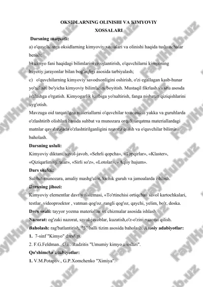 oksidlarning olinishi va kimyoviy xossalari — ZIP