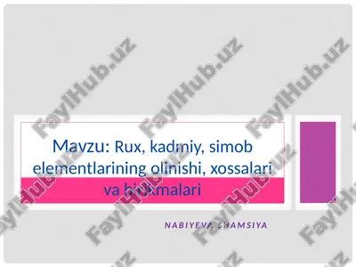 rux, kadmiy, simob elementlarining olinishi, xossalari va birikmalari — ZIP