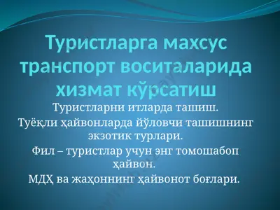 туристларга махсус транспорт воситаларида хизмат кўрсатиш — PPTX