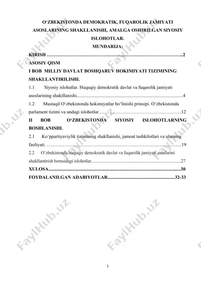 o‘zbekistonda demokratik, fuqarolik jamiyati asoslarining shakllanishi, amalga oshirilgan siyosiy islohotlar — DOCX