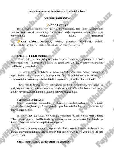 inson psixikasining ontogenezda rivojlanishi — DOCX