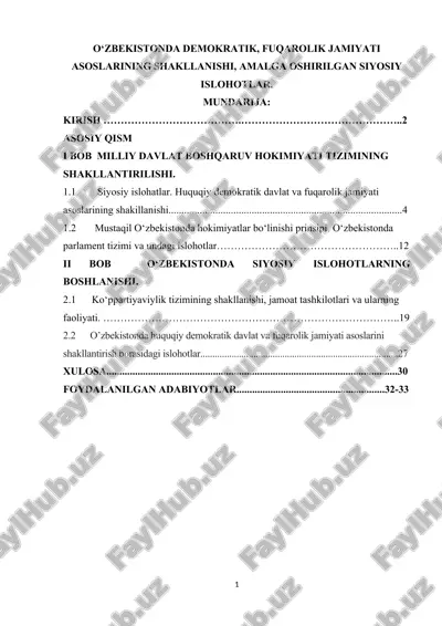 o‘zbekistonda demokratik, fuqarolik jamiyati asoslarining shakllanishi, amalga oshirilgan siyosiy islohotlar — DOCX
