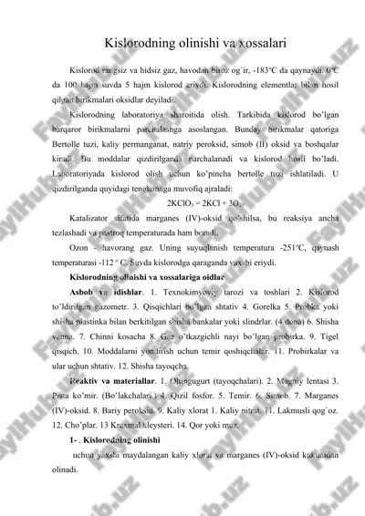 kislorodning olinishi va xossalari — ZIP