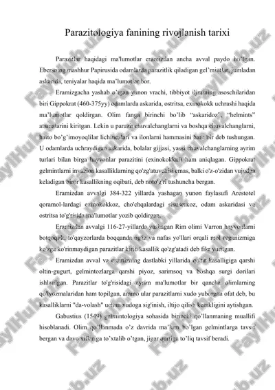 parazitologiya fanining rivojlanish tarixi — ZIP