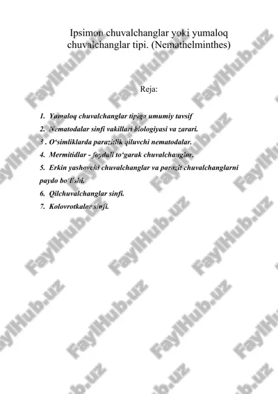 ipsimon chuvalchanglar yoki yumaloq chuvalchanglar tipi. (nemathelminthes) — ZIP