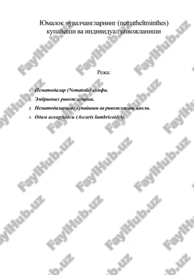 юмалоқ чувалчангларнинг (nematheltminthes) купайиши ва индивидуал ривожланиши — DOC