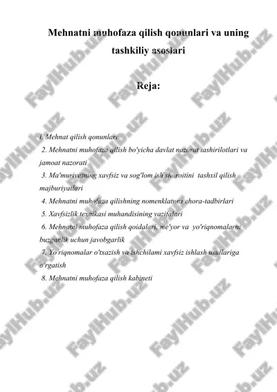 mehnatni muhofaza qilish qonunlari va uning tashkiliy asoslari — DOCX