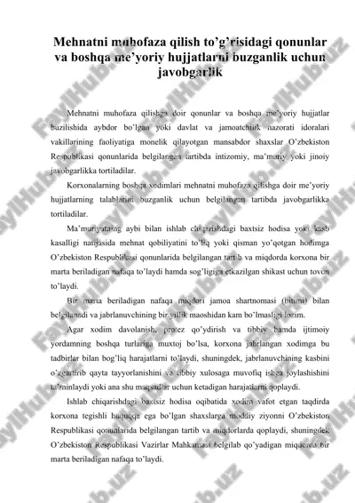 mehnatni muhofaza qilish to’g’risidagi qonunlar va boshqa me’yoriy hujjatlarni buzganlik uchun javobgarlik — DOC