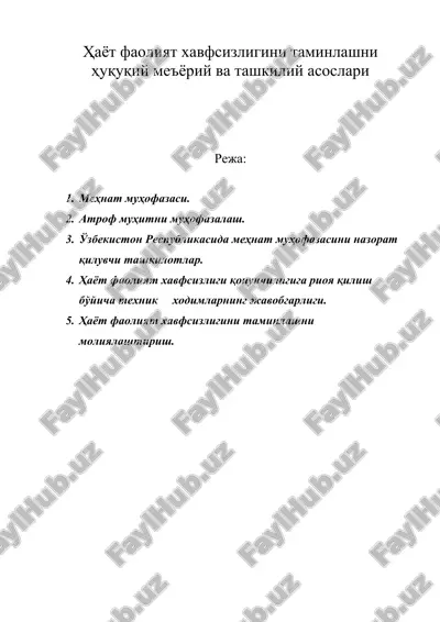 hayot faoliyat xavfsizligini taminlashni huquqiy me'yoriy va tashkiliy asoslari — ZIP