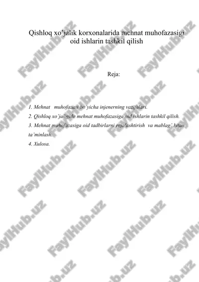 qishlоq хo’jаlik kоrxоnаlаridа mеhnаt muhоfаzаsigi оid ishlаrin tаshkil qilish — DOC