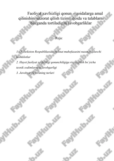 faoliyat xavfsizligi qonun – qoidalarga amal qilinishini nazorat qilish tizimi, qoida va talablarni buzganda tortiladigan javobgarliklar — DOCX