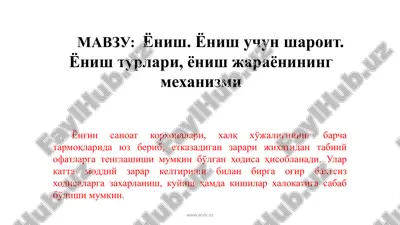 ёниш. ёниш учун шароит. ёниш турлари, ёниш жараёнининг механизми — PPTX