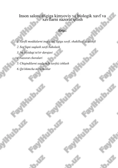 inson salomatligiga kimyoviy va biologik xavf va xavflarni nazorat qilish — DOCX
