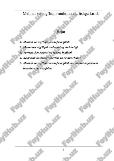mehnat va sog’liqni muhofaza qilishga kirish — DOC