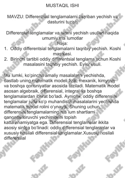 differentsial tenglamalarni taqriban yechish va dasturini tuzish — DOCX