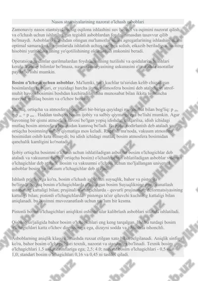 nasos stantsiyalarining nazorat o'lchash asboblari — DOCX
