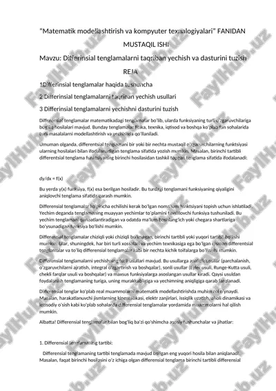 differinsial tenglamalarni taqriban yechish va dasturini tuzish — DOCX