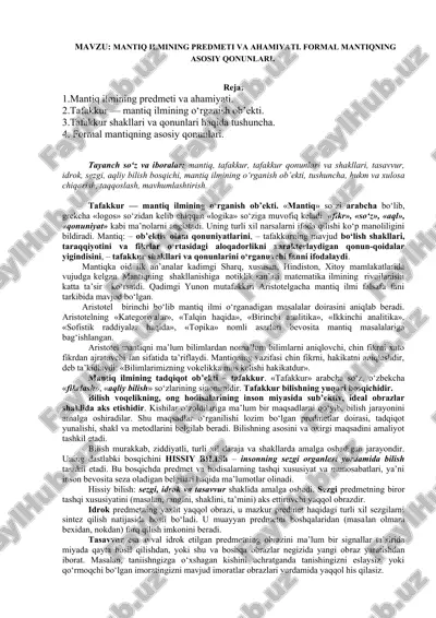 mantiq ilmining predmeti va ahamiyati. formal mantiqning asosiy qonunlari — DOC