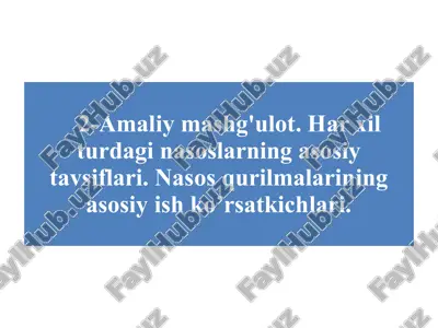 har xil turdagi nasoslarning asosiy tavsiflari. nasos qurilmalarining asosiy ish ko’rsatkichlari. — PPTX