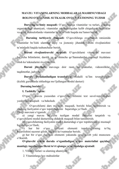 vitaminlarning moddalar almashinuvidagi roli — DOCX