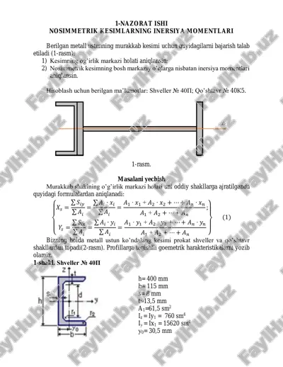 nosimmetrik kesimlarning inersiya momentlari — PDF