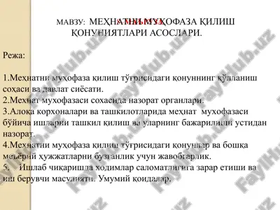 mehnatni muhofaza qilish qonuniyatlari asoslari. — PPTX