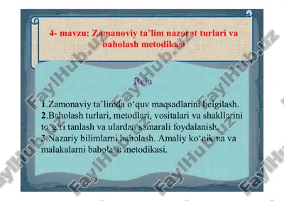 zamonaviy ta'lim nazorat turlari va baholash metodikasi zamonaviy ta'lim nazorat turlari va baholash metodikasi — PDF