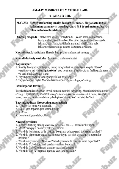 kompyuterning amaliy dastur taminoti. hujjatlarni qayta ishlash — PDF