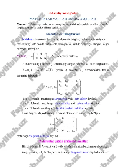 matritsalar va ularni xossalari. matritsalar ustida amallar — PDF