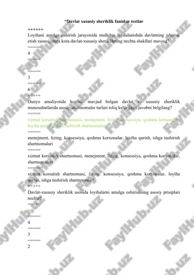 "davlat xususiy sheriklik fanidan testlar javobi bilan — DOC