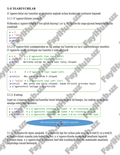 3. pythonda o`zgaruvhilarni e`lon qilish — PDF