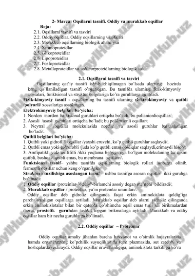 oqsillar tasnifi oddiy va murakkab oqsillar — DOCX