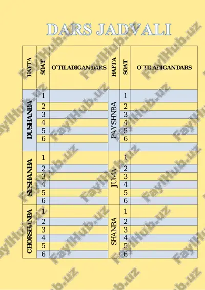 sinf burchagi uchun dars jadvali blankasi — PDF