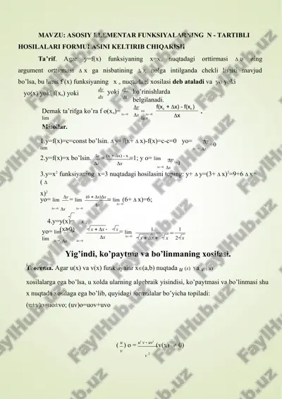 asosiy elementar funksiyalarning n - tartibli hosilalari formulasini keltirib chiqarish — PPT