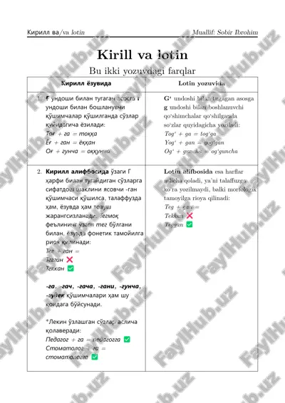 lotin va kirill yozuvi farqlari — PDF