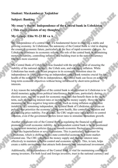 essey, topic "independence of the central bank in uzbekistan" — DOCX