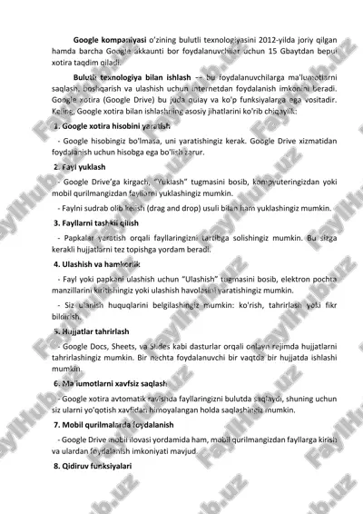 google xotira va uning imkoniyatlari — PDF