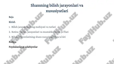 shaxsning bilish jarayonlari va xususiyatlari — PDF