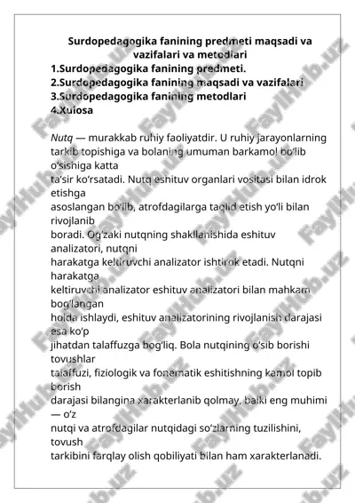 surdopedagogika fanining predmeti maqsadi va vazifalari va metodlari — DOCX
