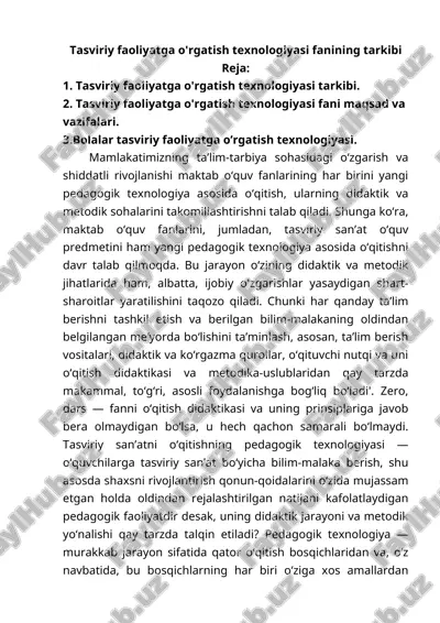 tasviriy faoliyatga o'rgatish texnologiyasi fanining tarkibi — DOCX