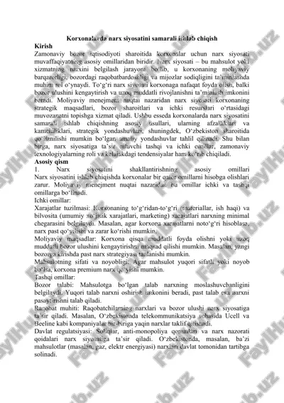korxonalar narx siyosatini samarali ishlab chiqish — DOCX