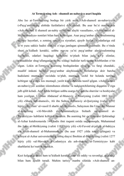 at termziyning ash - shamoil an nabaviya asari haqida — DOCX
