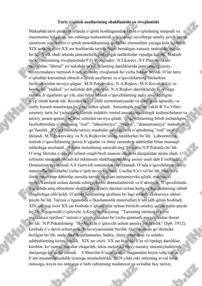 tarix o’qitish usullarining shakllanishi va rivojlanishi — DOCX